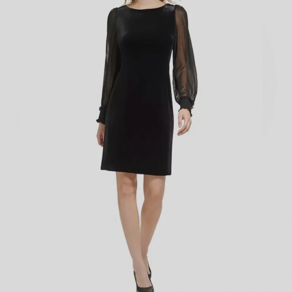NWT Karl Lagerfeld Black Sheer-Sleeve Shift Dress - Picture 1 of 8